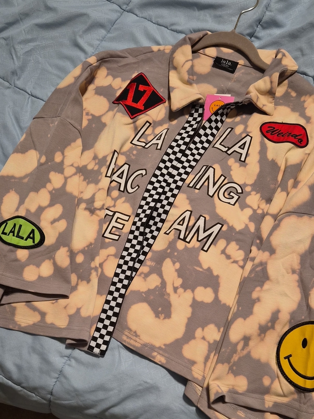 LA LA Racing Team Checker Zip Pullover - Bleach Dye Pink & Gray